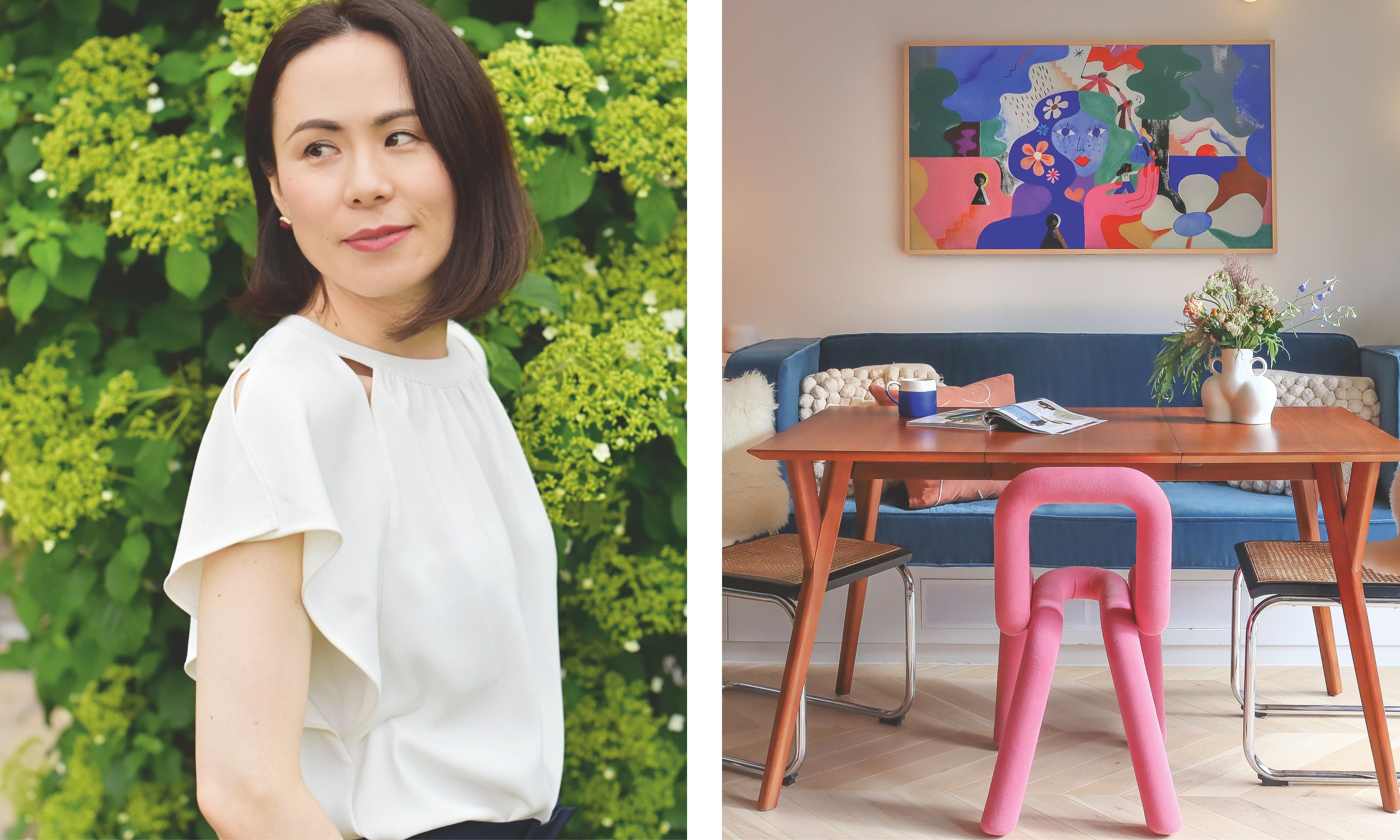 A side-by-side image featuring a portrait of Minako Bryson on the left and a vibrant, eclectic dining area showcasing her interior design style on the right