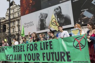 Extinction Rebellion, who are a protest group, in Piccadilly Circus in 2019