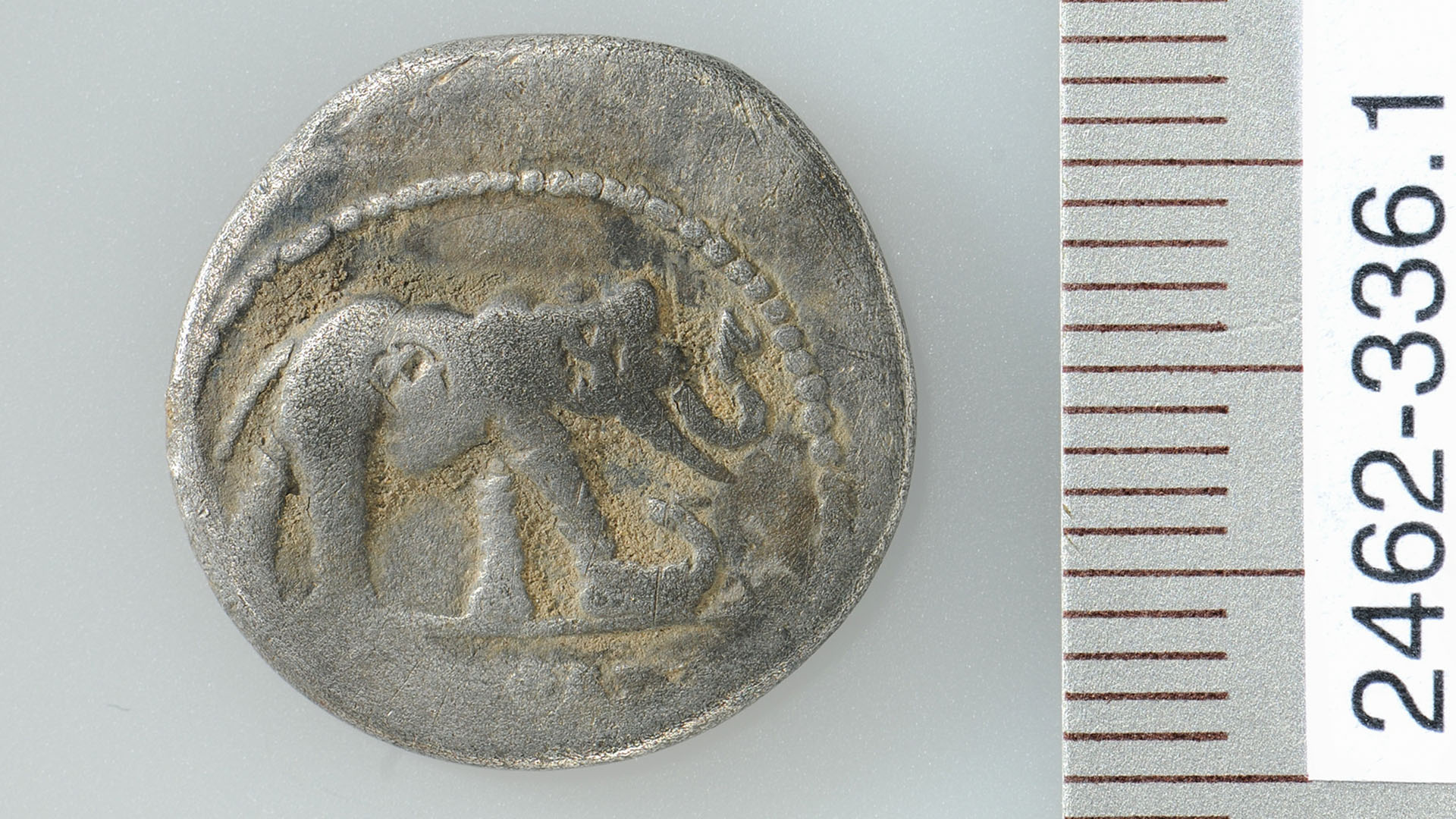 A silver coin showing an elephant trampling a snake or small dragon