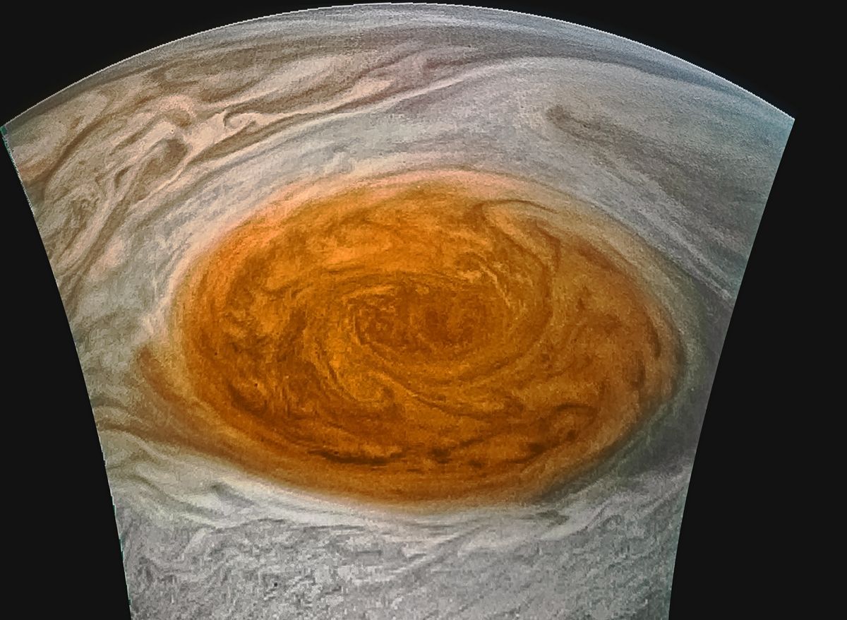 A close-up of Jupiter’s Great Red Spot taken by the JunoCam instrument on NASA&#039;s Juno probe, and color-enhanced by citizen scientist Jason Major. 