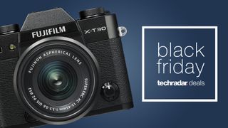 The Fujifilm X-T30 II camera next to a Black Friday logo
