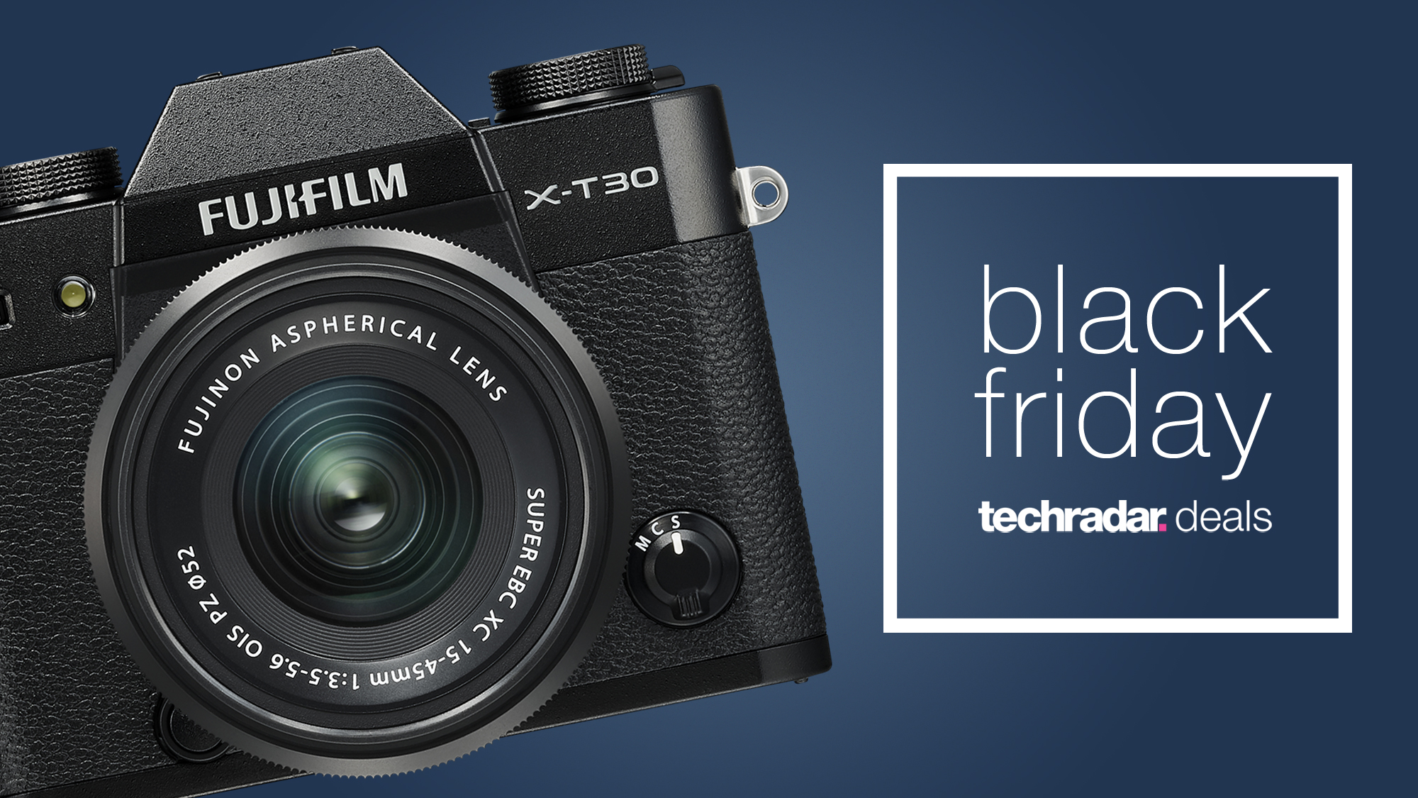 The Fujifilm X-T30 II camera next to a Black Friday logo