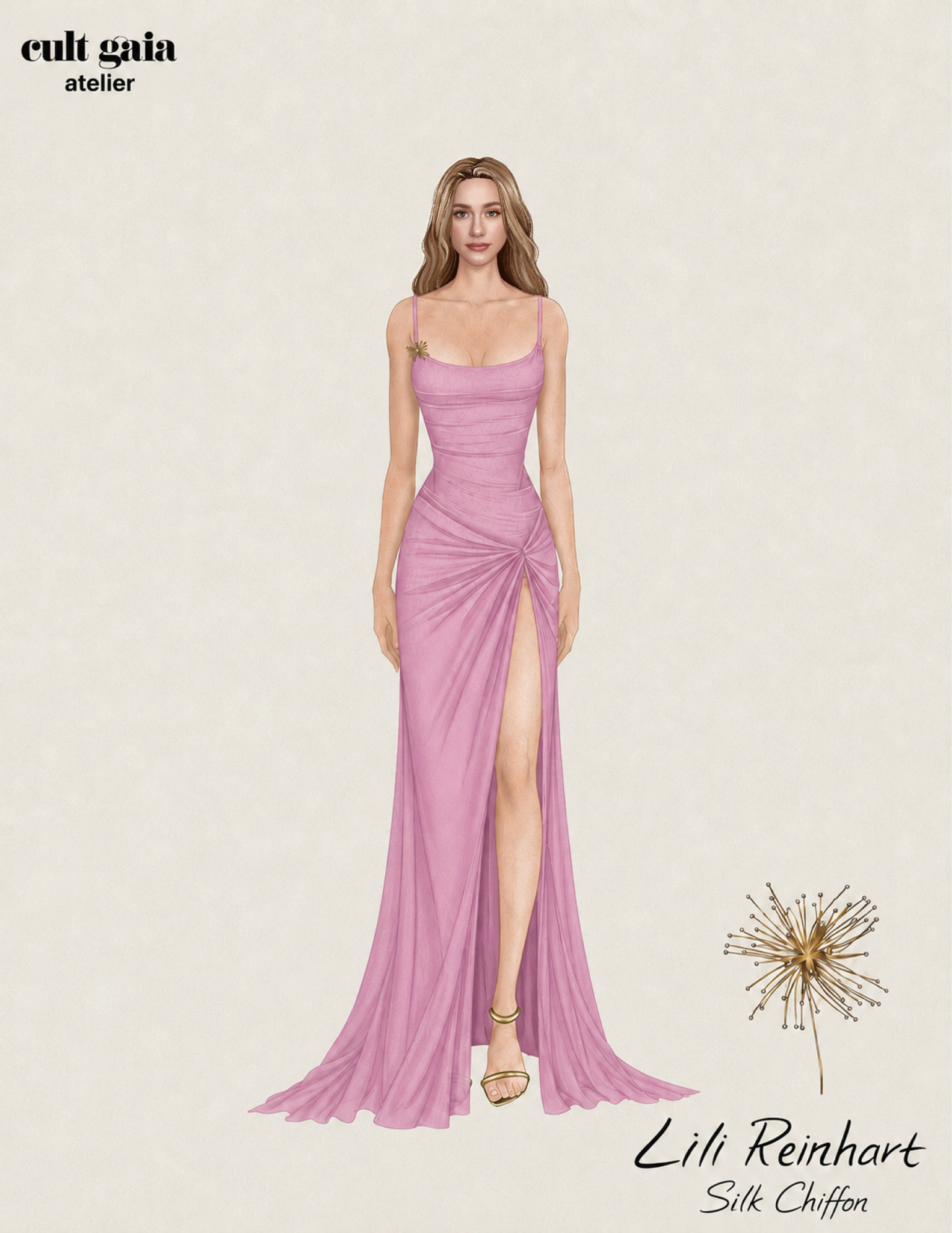 A custom illustration of Lili Reinhart wearing a long pink silk chiffon gown with a thigh-high leg split by Cult Gaia
