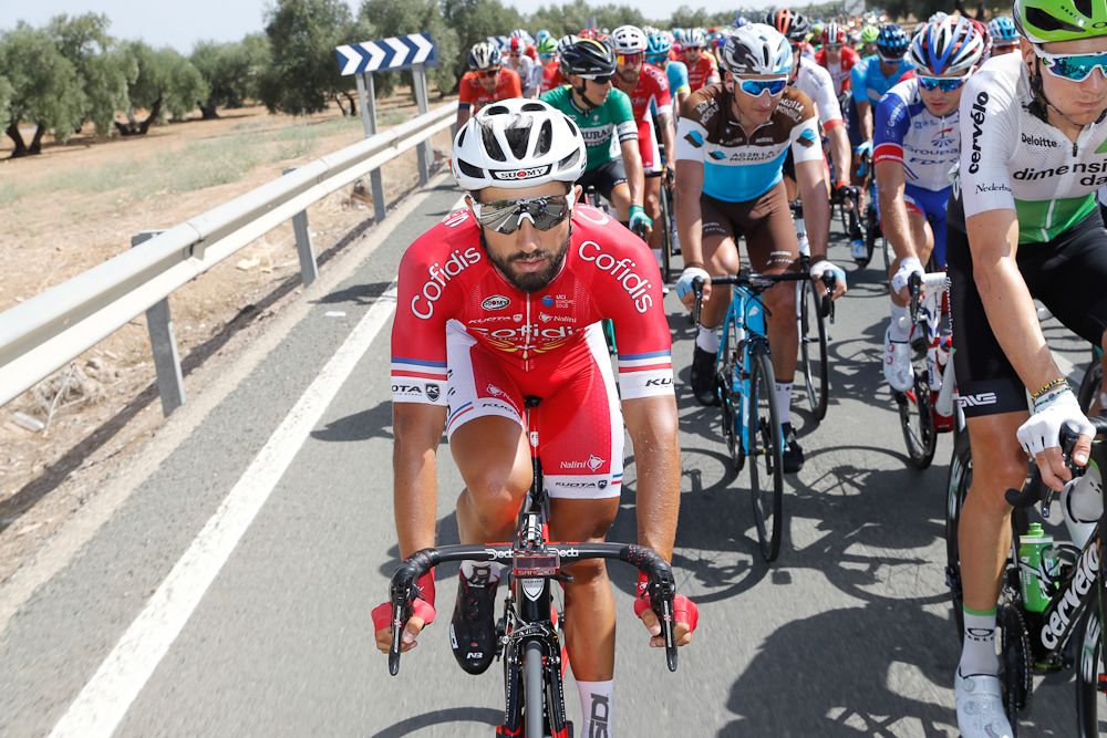 Nacer Bouhanni rides in the bunch during stage 8 at the Vuelta.