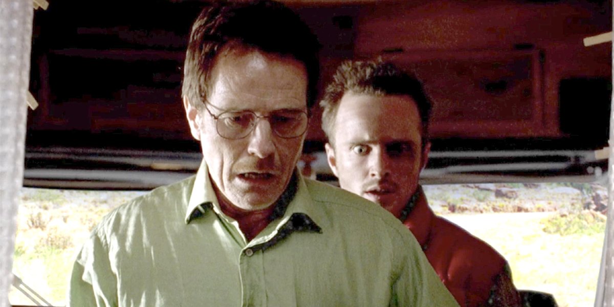 Breaking Bad Walt and Jesse look shocked in RV AMC