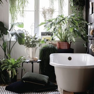 bathroom with bathtub plants cushions and window