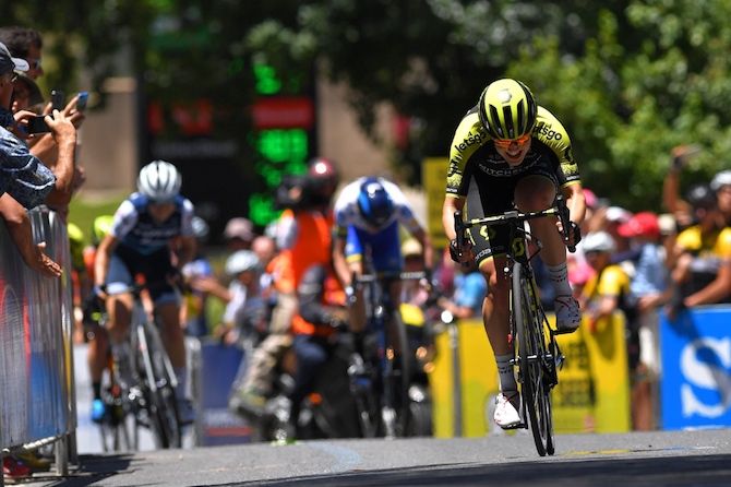 Mitchelton-Scott's Grace Brown puts her head down as she goes for the win on stage 3 of the 2019 Women's Tour Down Under in Stirling