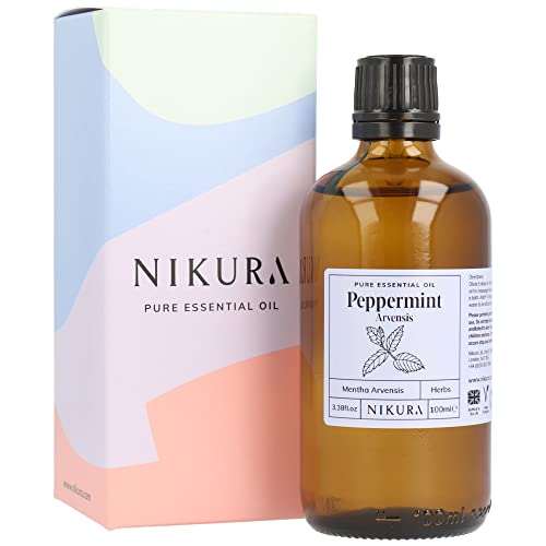 Nikura Peppermint Essential Oil (arvensis) - 100ml | Perfect for Repelling Spiders, Rats, Mice, Bugs, Ants | Great for Hair, Headaches Relief, Energy Boost, Skin, Candle Making | Vegan &amp;amp; Uk Made