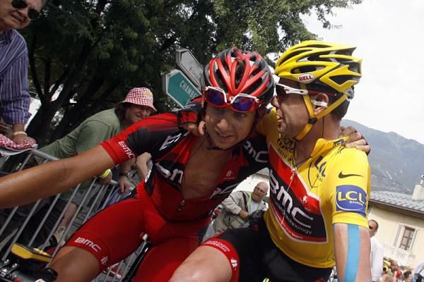 BMC teammates Mauro Santambrogio and Cadel Evans after finishing stage 9.