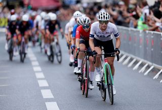 PARIS FRANCE AUGUST 04 Kristen Faulkner of Team United States leads the peloton during the Womens Road Race on day nine of the Olympic Games Paris 2024 at Trocadero on August 04 2024 in Paris France Photo by Alex BroadwayGetty Images