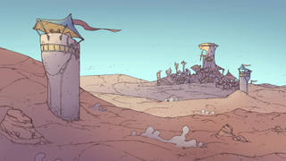 Art from videogame Synergy. Thick-lined style with pastel colors. A desert landscape dominated by a lookout tower with shade sails, foreground, and a larger settlement beyond.