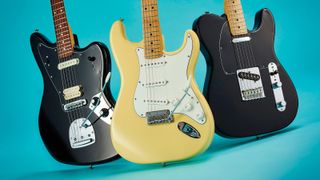 Three Fender Player guitars on a blue background