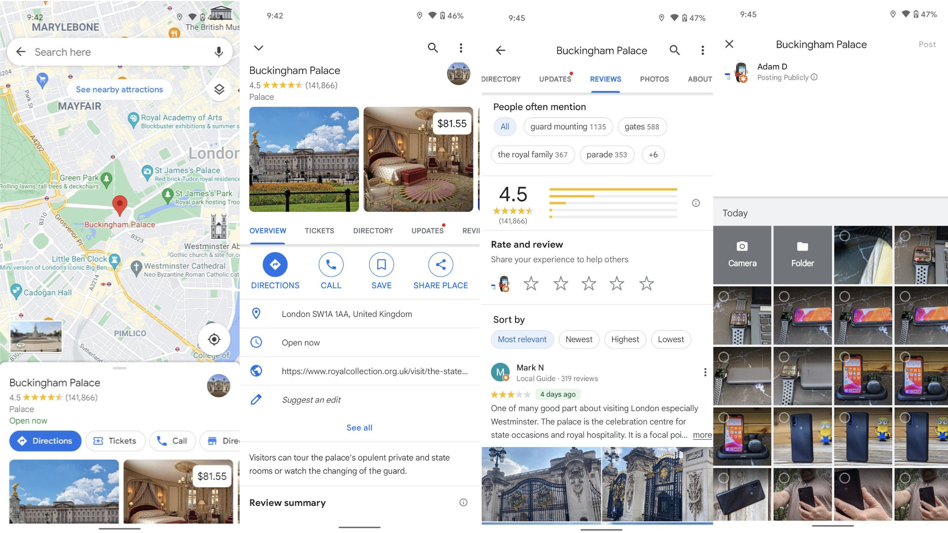 Google Maps screenshots for leaving a review and adding photos of a business