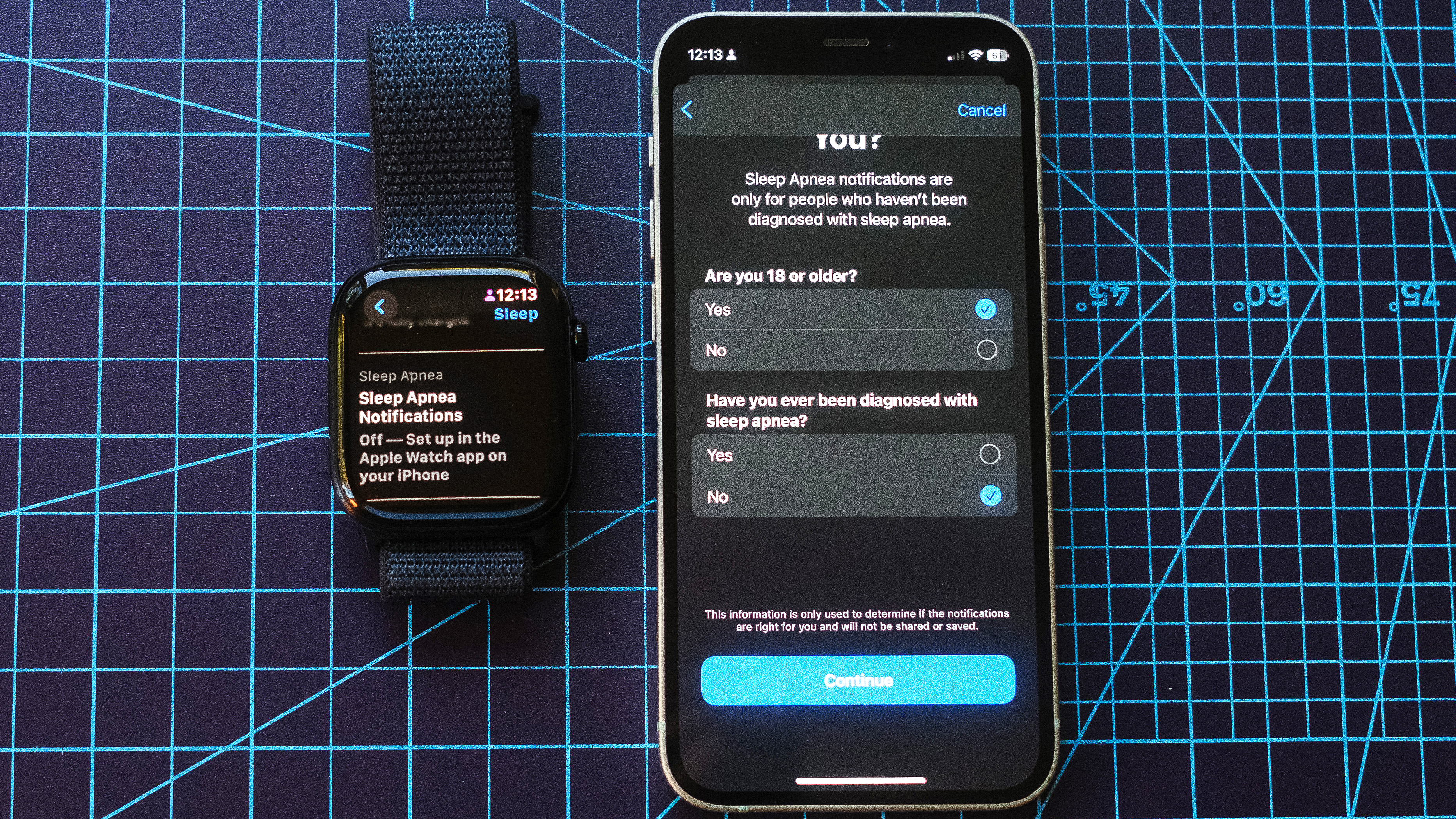 Apple Watch 10 next to an iPhone with the sleep apnea notification setup screen