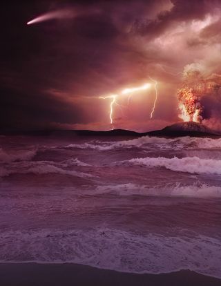 An artist's concept of early Earth, with a choppy sea in the foreground and a violent volcano erupting in the background while lightning flashes overhead