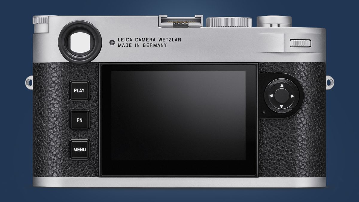 The back of the Leica M11 camera on a blue background