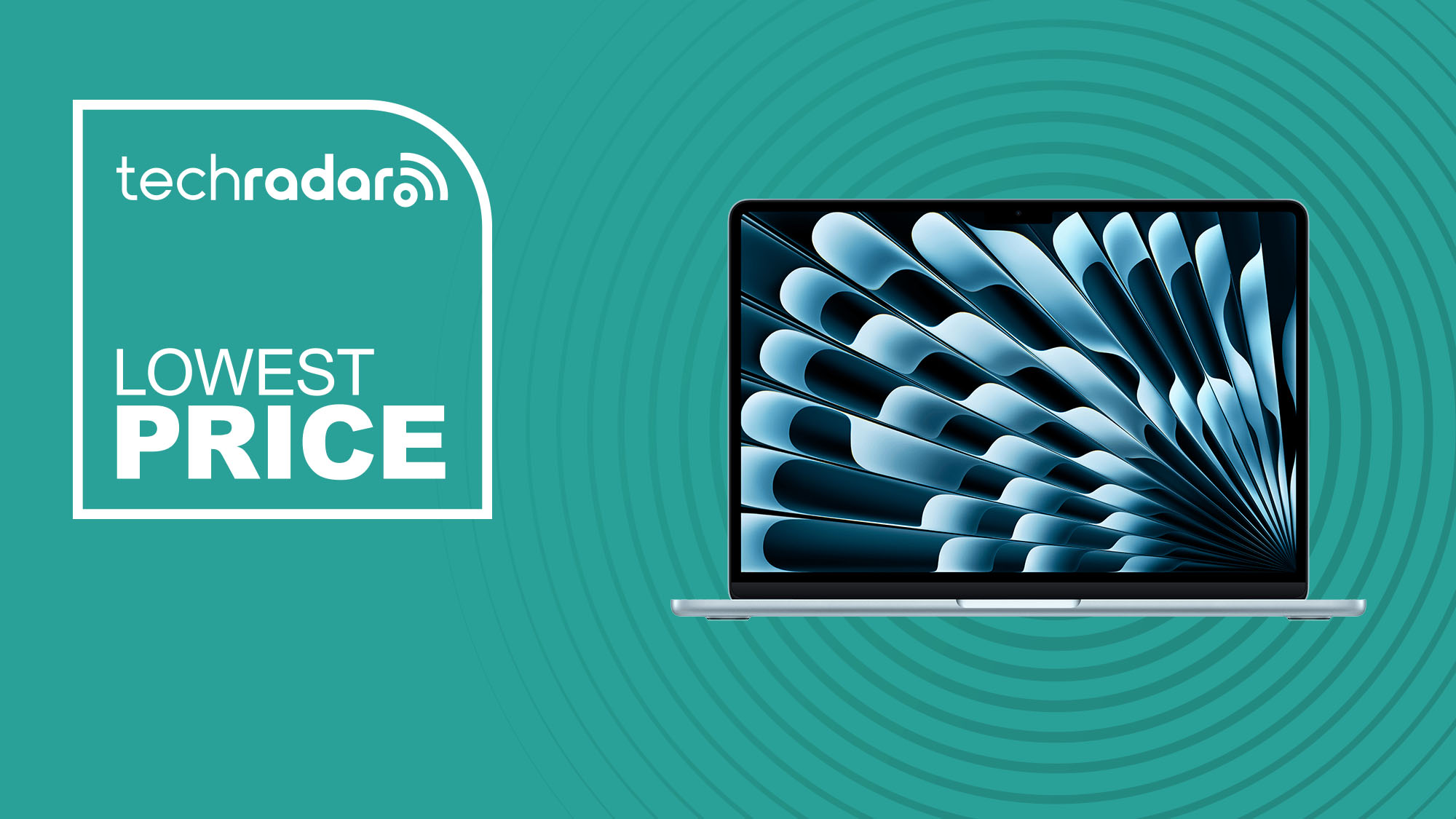 MacBook Air M4 13-inch laptop on cyan background with TechRadar lowest price sign