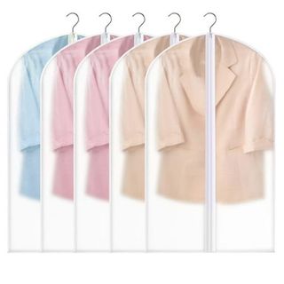 five milky plastic clothes bags with blazers inside. 