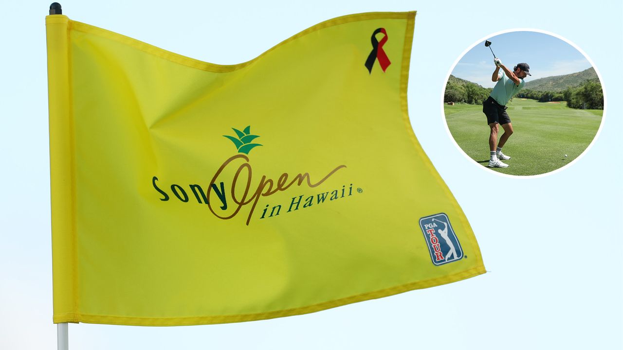 A Sony Open in Hawaii flag, with Marco Penge at the top of his backswing in a circle