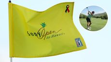 A Sony Open in Hawaii flag, with Marco Penge at the top of his backswing in a circle