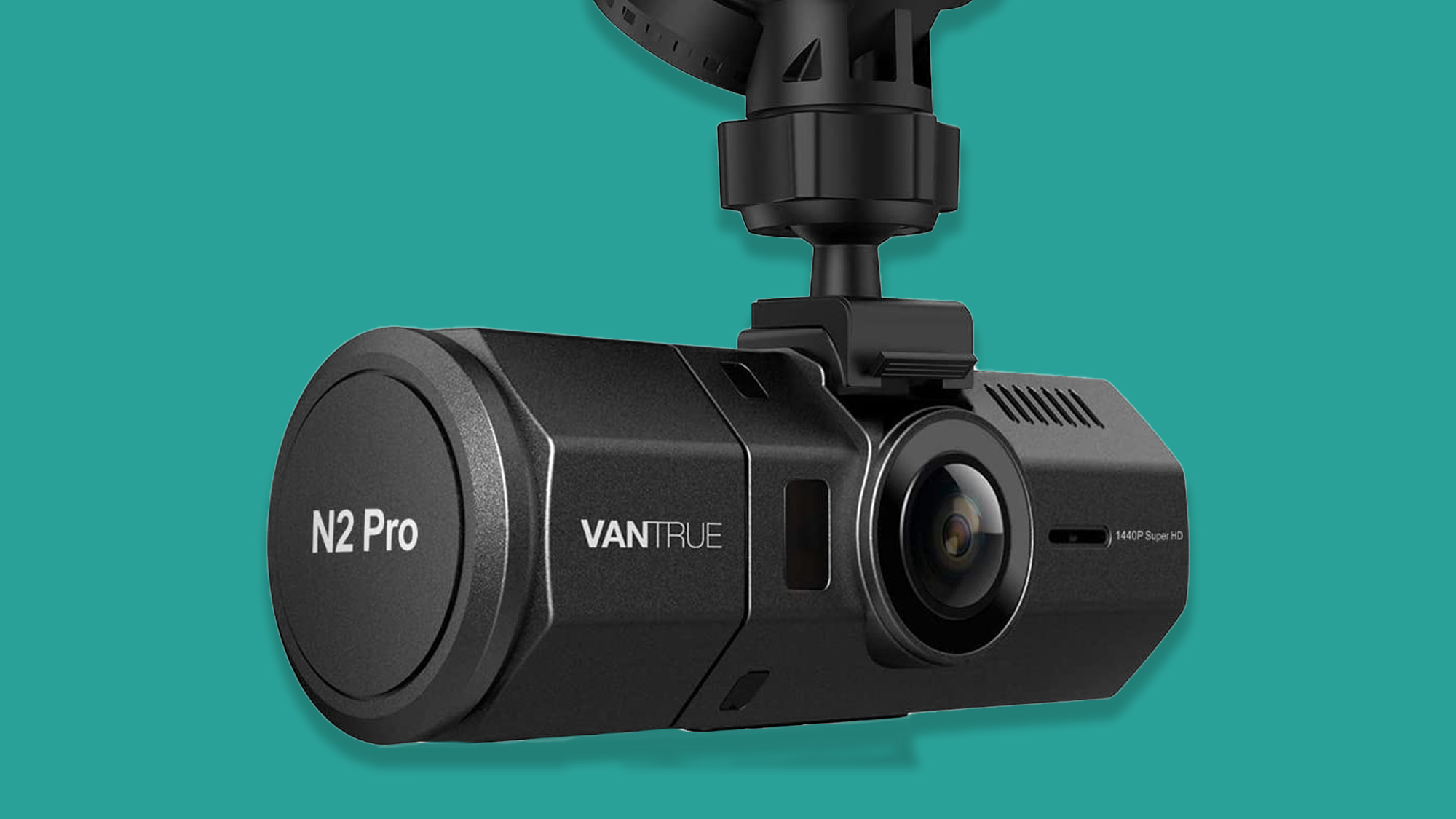 Vantrue N2 Pro dash cam on a cyan background