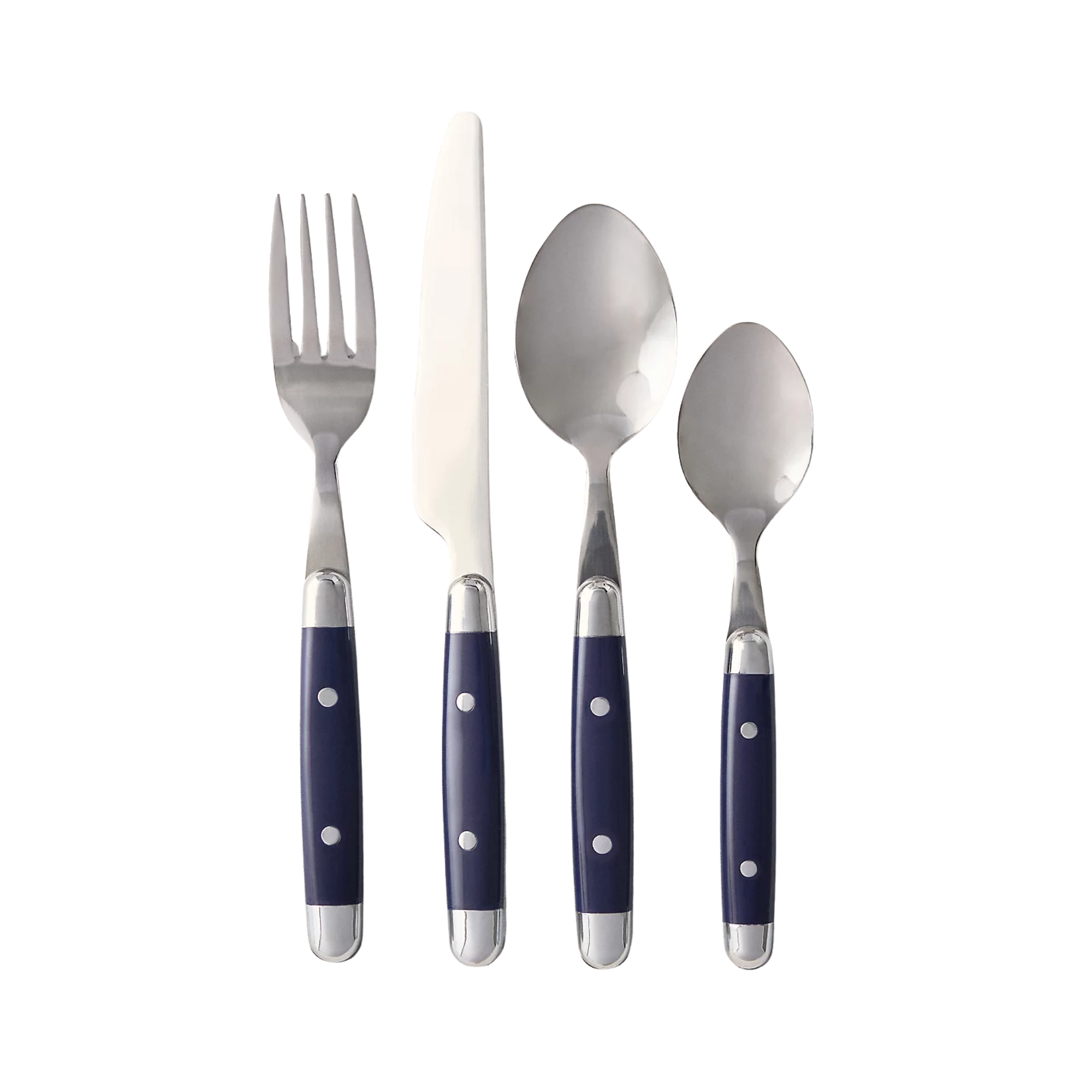 blue and silver flatware set
