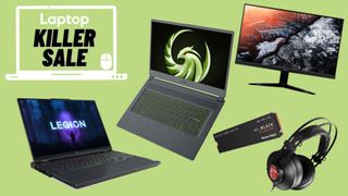 Two gaming laptops, a monitor, gaming headphones, and an internal SSD card against a green background