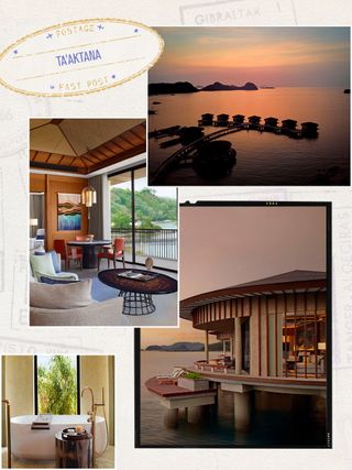 A collage of four images depicting overwater villas in Indonesia as well as interior photos of a hotel room and a bathrooms.