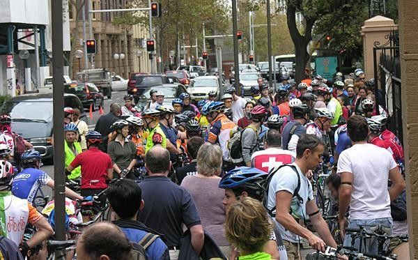 Riders assemble at Parliament house in Sydney.