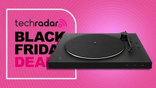 Sony turntable on pink background, with a Black Friday deals badge on the left side