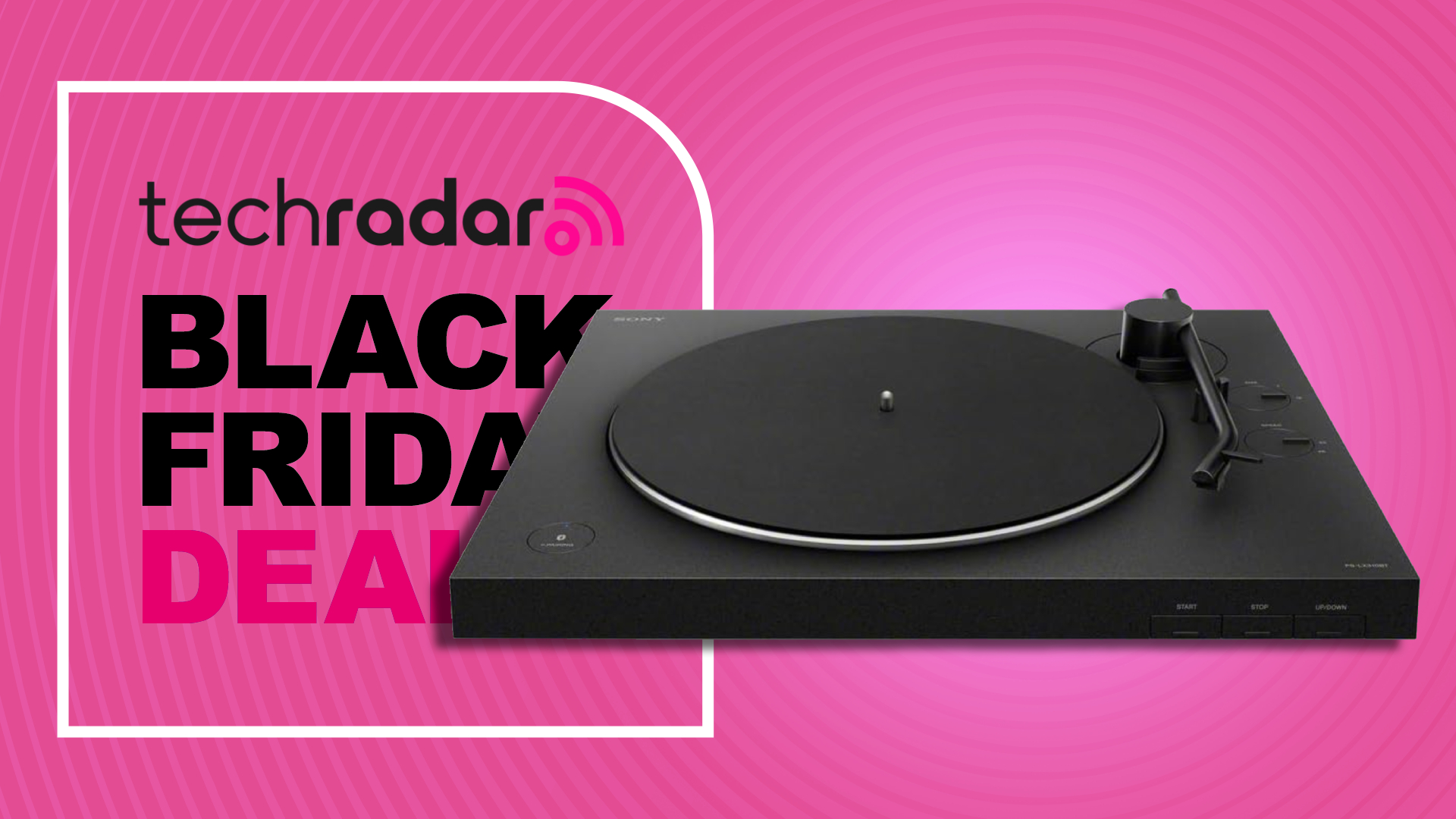 Sony turntable on pink background, with a Black Friday deals badge on the left side