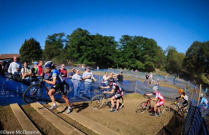 Helen Wyman (Kona Factory Team) leading the race up the stairs on lap one