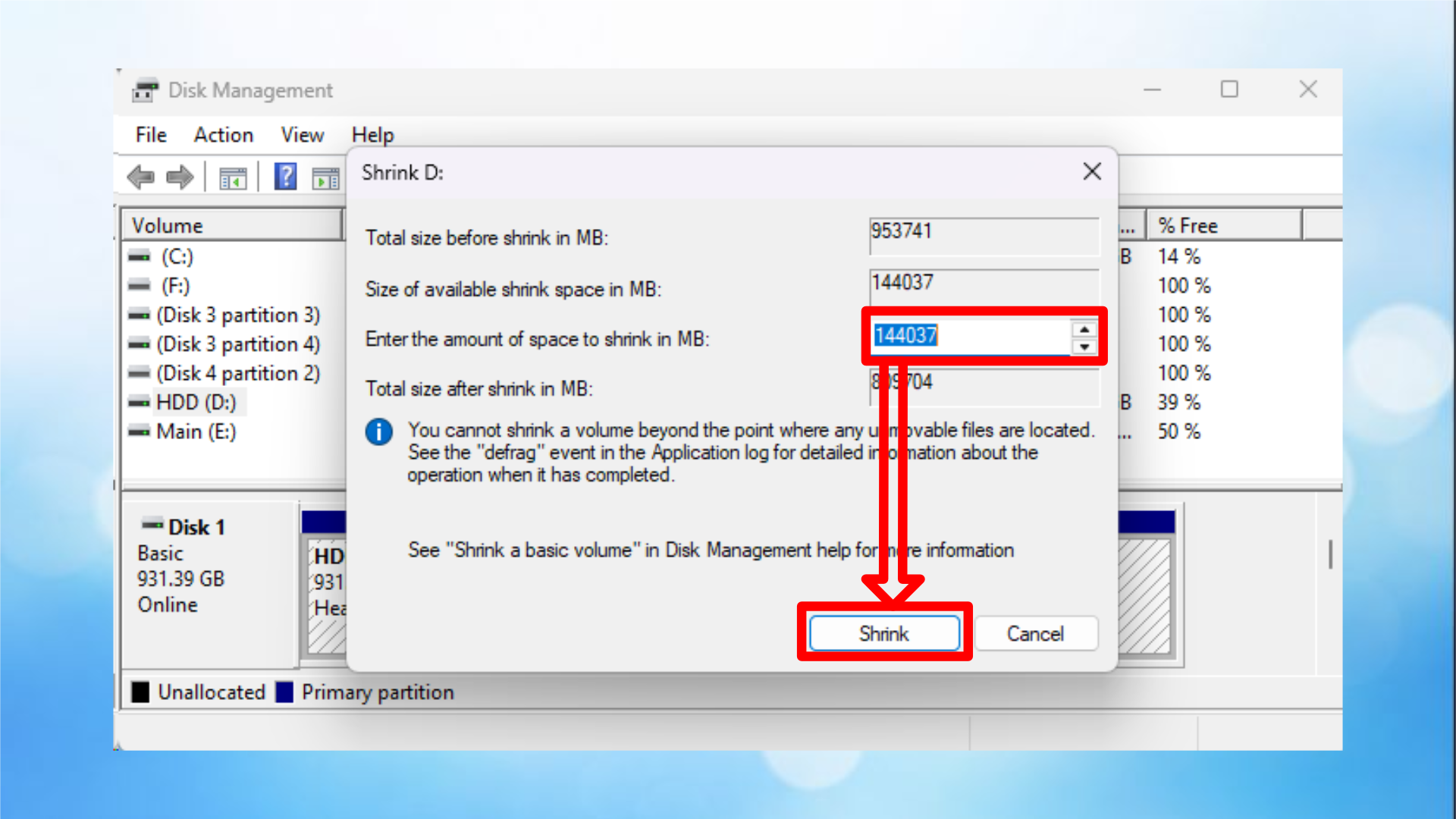 Shrinking Volume size in Disk Management