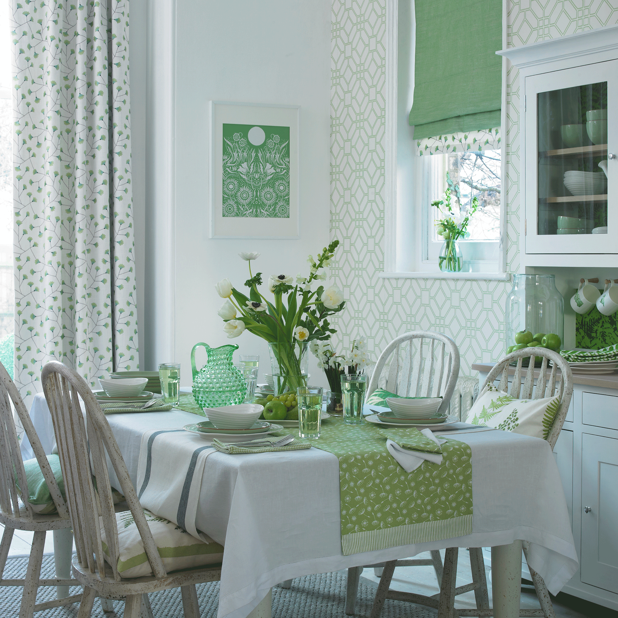 White walls with green patterned blinds