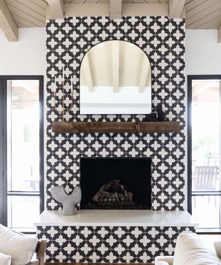 Fireplace decorated with patterned black and white tiles