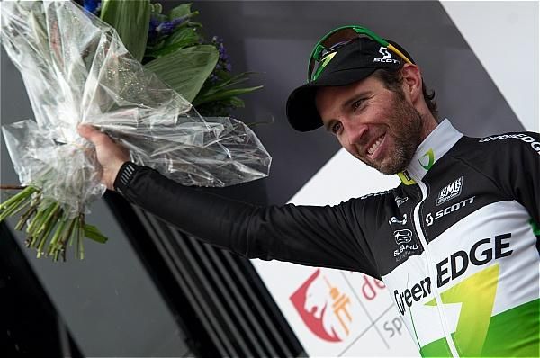 Michael Albasini (GreenEdge) on the podium for his second place finish at La Fl&egrave;che Wallonne.