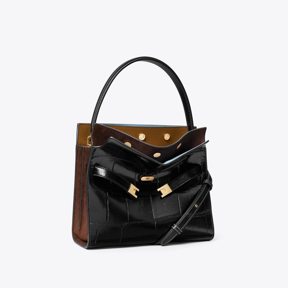 Small Lee Radziwill Croc-Embossed Double Bag in Black, Size Os