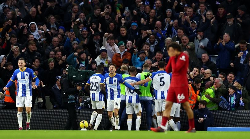 Brighton players celebrate a Solly March goal during the Seagulls&#039; 3-0 win over Liverpool in January 2023.