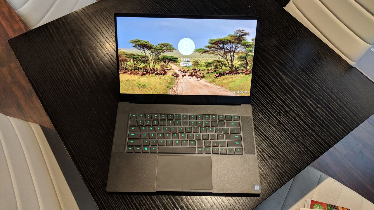 The Razer Blade 15 (2018) open at the login screen