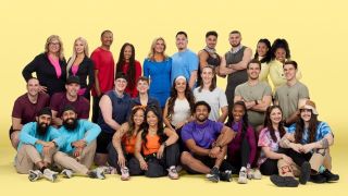 The cast of The Amazing Race season 38, comprised of former Big Brother stars and their family or friends, photographed against a pale yellow backdrop. 