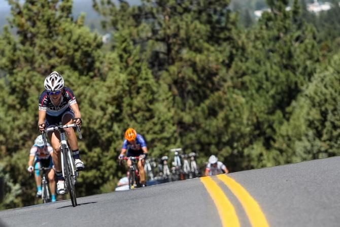 Amanda Miller (TIBCO) drops her breakaway companions on the final climb.