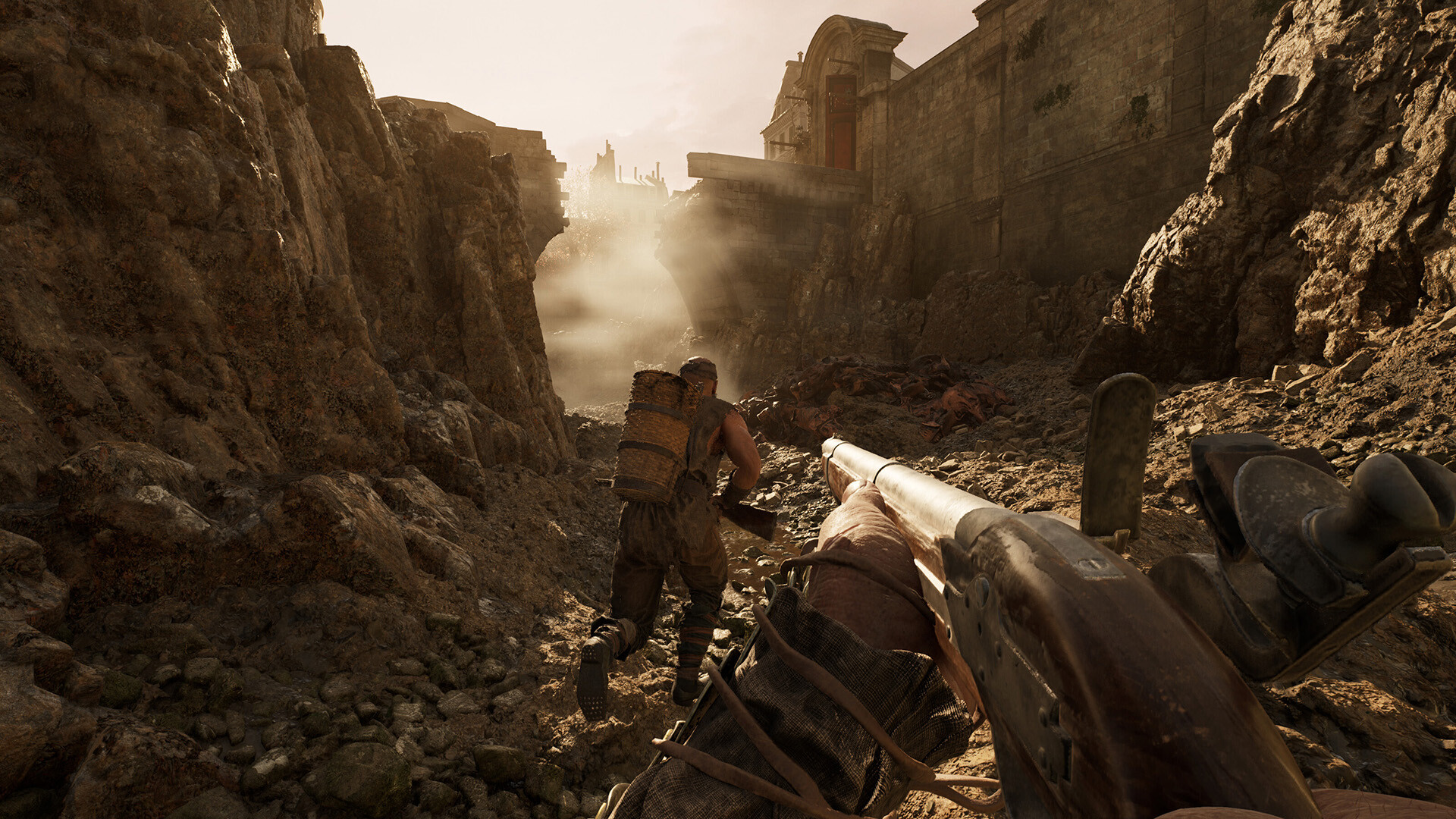 Hunger gameplay showing two players running through a ravine covered in rubble with guns drawn