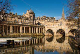 Cityscape of Bath depicting St Michael's Without Church, Pultney Bridge and River Avon, Somerset, UK