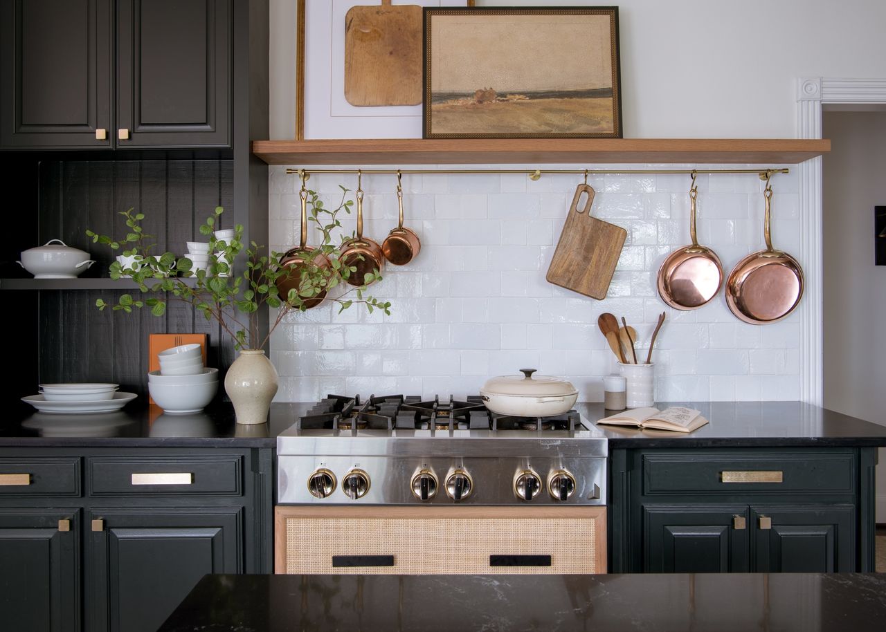 10 minute tricks to make your kitchen feel more welcoming; kitchen with open shelving and artwork by Urbanology