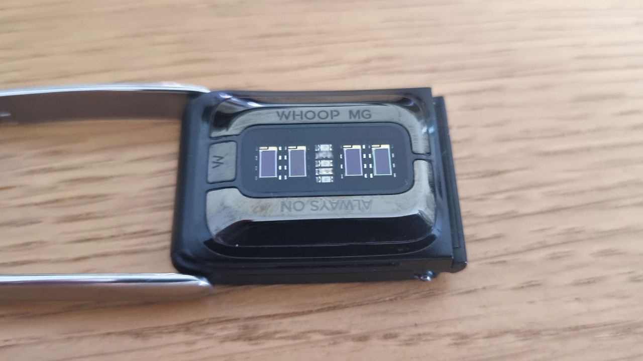 A close-up picture of the heart rate sensor in the Whoop MG fitness tracker