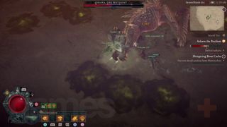Diablo 4 Ashava World boss surrounded by pools and clouds of dark, sickly green poison