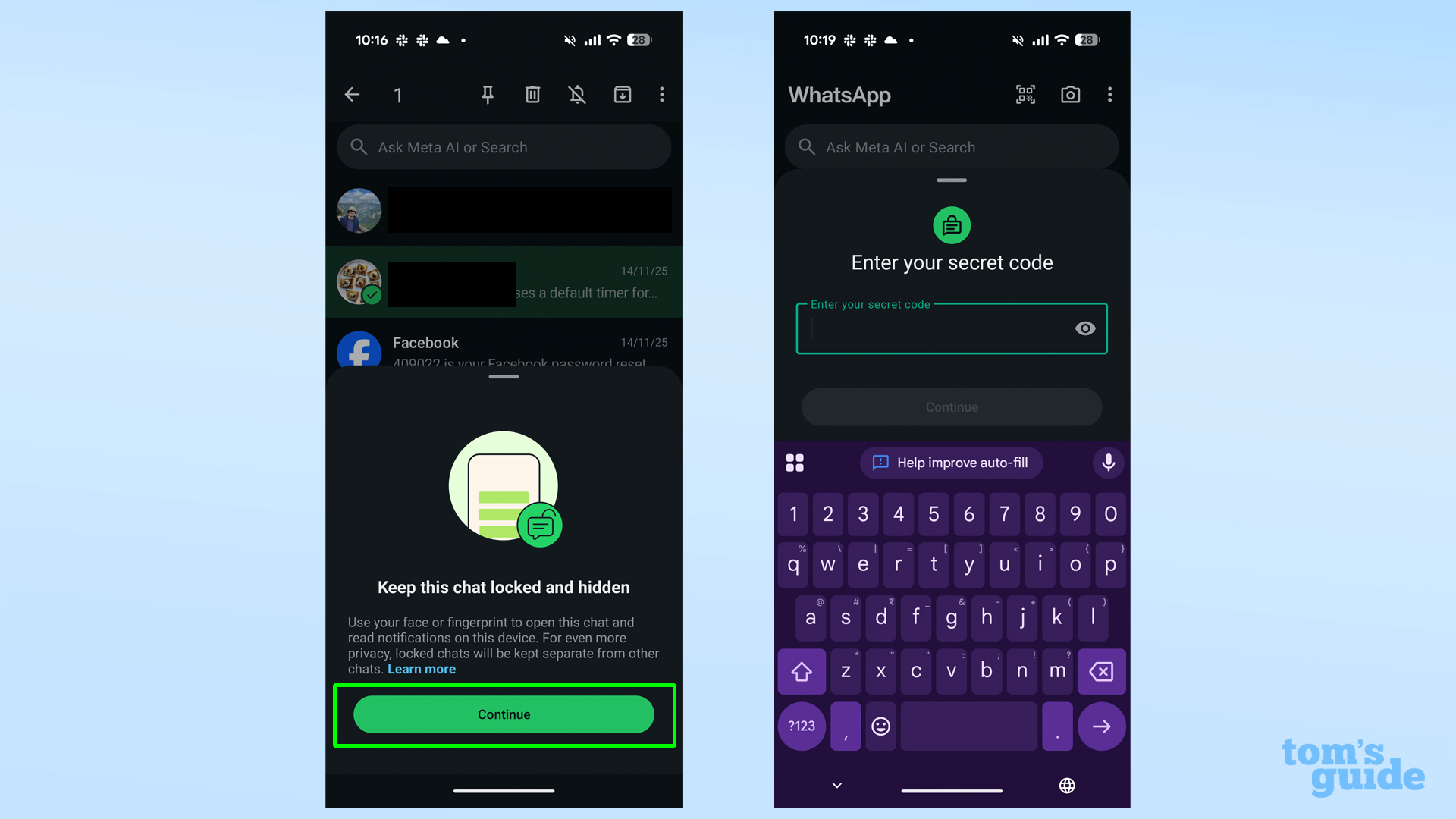 Screenshots showing how to lock a chat on WhatsApp