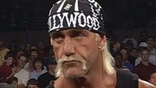 Close-up of Hollywood Hulk Hogan's face in ring in WCW