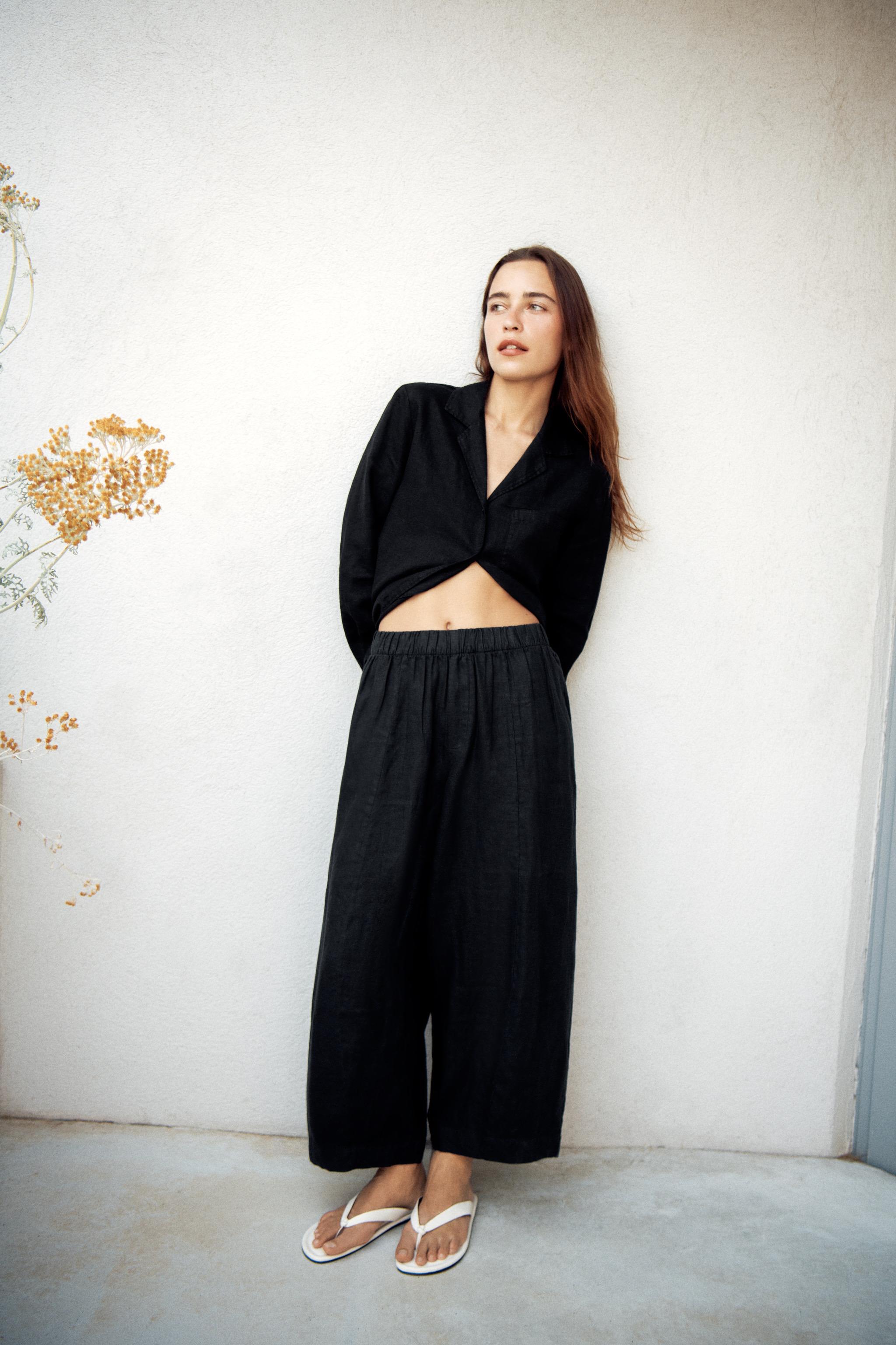 Zw Collection 100% Linen Barrel Trousers - Black - Xs