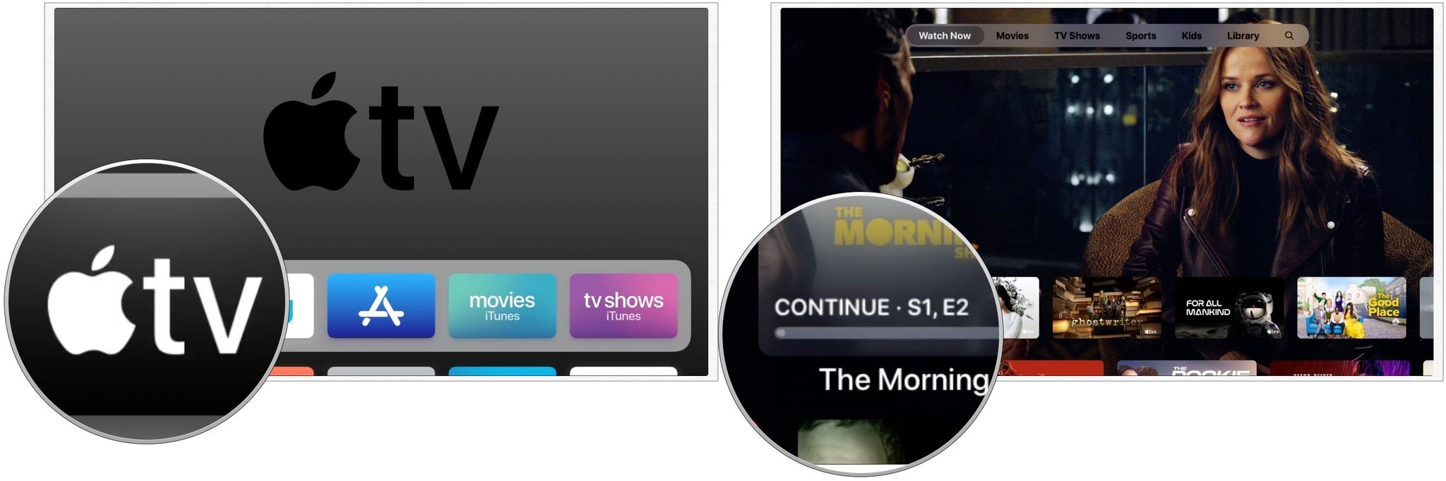 Чтобы посмотреть на Apple TV, коснитесь приложения TV, щелкните шоу Apple TV+ в списке «На очереди».  Вы также можете прокрутить вниз до пункта «Что смотреть» и найти что посмотреть.  Нажмите «Воспроизвести эпизод».